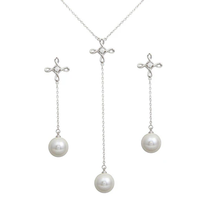 Sterling Silver Rhodium Plated Clear CZ Open Infinity Cross With Synthetic Pearl Dangling Earring And Necklace Set