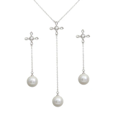 Sterling Silver Rhodium Plated Clear CZ Open Infinity Cross With Synthetic Pearl Dangling Earring And Necklace Set