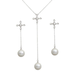 Sterling Silver Rhodium Plated Clear CZ Open Infinity Cross With Synthetic Pearl Dangling Earring And Necklace Set