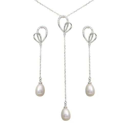 Sterling Silver Rhodium Plated Clear CZ Open Heart With Fresh Water Pearl Dangling Earring And Necklace Set
