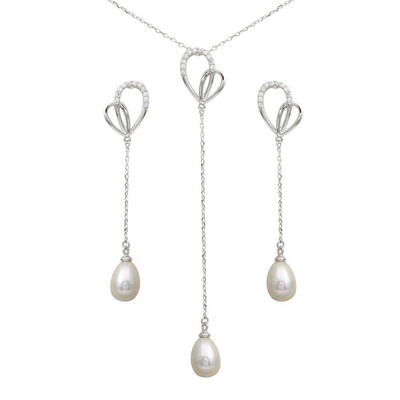 Sterling Silver Rhodium Plated Clear CZ Open Heart With Fresh Water Pearl Dangling Earring And Necklace Set