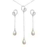 Sterling Silver Rhodium Plated Clear CZ Open Heart With Fresh Water Pearl Dangling Earring And Necklace Set