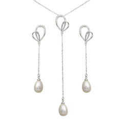 Sterling Silver Rhodium Plated Clear CZ Open Heart With Fresh Water Pearl Dangling Earring And Necklace Set