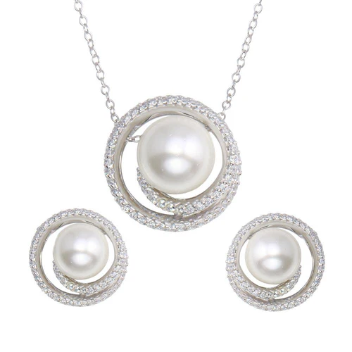 Sterling Silver Rhodium Plated Spiral Clear CZ With Synthetic Center Pearl Earring And Necklace Set
