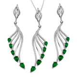 Sterling Silver Rhodium Plated Wing Clear And Green CZ Earring And Necklace Set