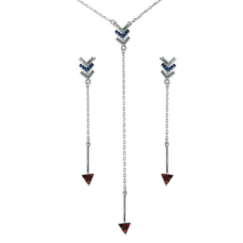 Sterling Silver Rhodium Plated Dangling Arrow Clear CZ Earring And Necklace Set