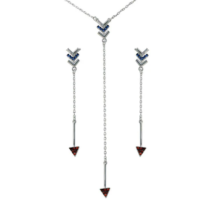 Sterling Silver Rhodium Plated Dangling Arrow Clear CZ Earring And Necklace Set