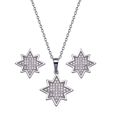 Sterling Silver Rhodium Plated Clear CZ Encrusted Star Set Earring And Necklace Set