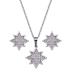 Sterling Silver Rhodium Plated Clear CZ Encrusted Star Set Earring And Necklace Set