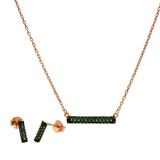 Sterling Silver Rose Gold Plated Bar Green CZ Earring And Necklace Set