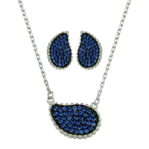 Sterling Silver Rhodium Plated Blue Colored CZ Encrusted Teardrop Earring And Necklace Set
