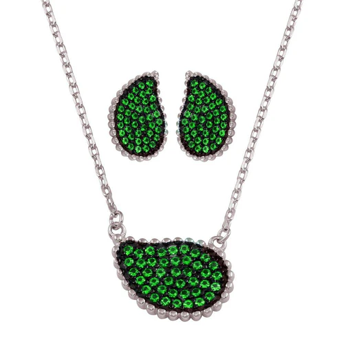 Sterling Silver Rhodium Plated Green Colored CZ Encrusted Teardrop Earring And Necklace Set