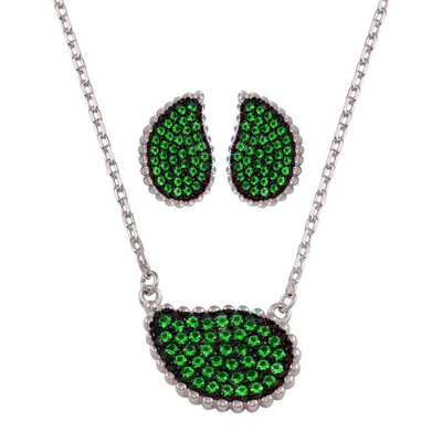 Sterling Silver Rhodium Plated Green Colored CZ Encrusted Teardrop Earring And Necklace Set
