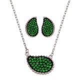 Sterling Silver Rhodium Plated Green Colored CZ Encrusted Teardrop Earring And Necklace Set