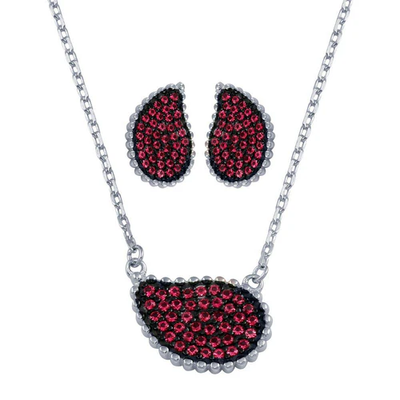 Sterling Silver Rhodium Plated Red Colored CZ Encrusted Teardrop Earring And Necklace Set