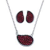 Sterling Silver Rhodium Plated Red Colored CZ Encrusted Teardrop Earring And Necklace Set