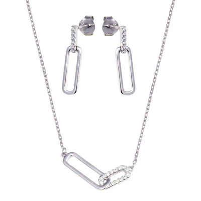Sterling Silver Rhodium Plated Bar Clear CZ Earring And Necklace Set