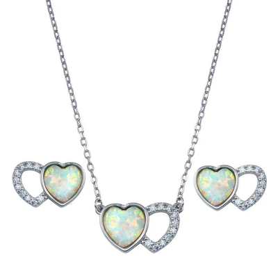 Sterling Silver Rhodium Plated Heart Clear CZ Earring And Necklace Set