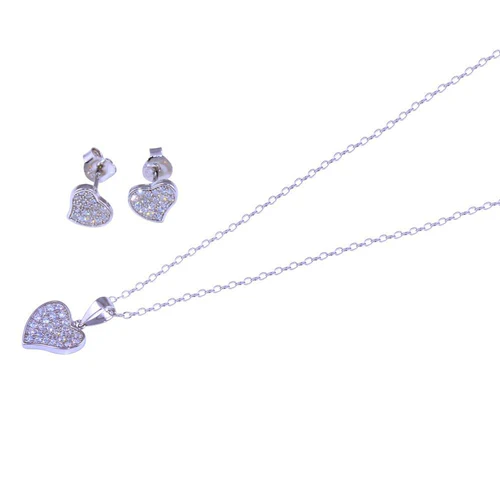 Sterling Silver Rhodium Plated Curved Heart Clear CZ Earring And Necklace Set