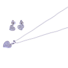 Load image into Gallery viewer, Sterling Silver Rhodium Plated Curved Heart Clear CZ Earring And Necklace Set