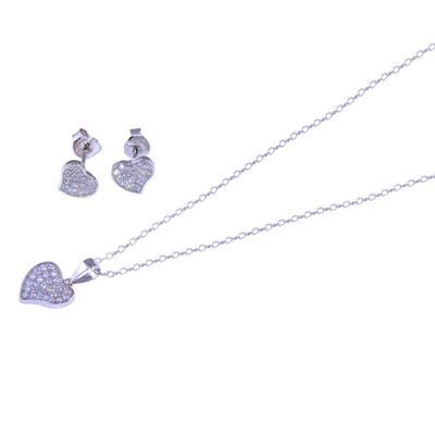 Sterling Silver Rhodium Plated Curved Heart Clear CZ Earring And Necklace Set