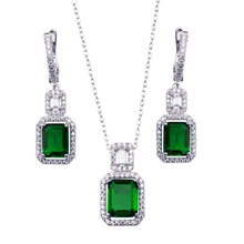 Load image into Gallery viewer, Sterling Silver Rhodium Plated Square Center Emerald And Clear CZ Earring And Necklace Set