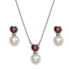 Sterling Silver Rhodium Plated Red CZ Heart Dangling Pearl Earring And Necklace Set