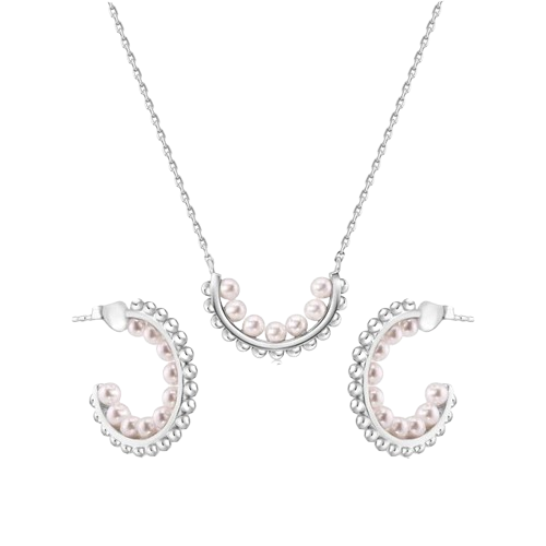 Sterling Silver Rhodium Plated Multi Beaded Pearl Semi Hoop Matching Set
