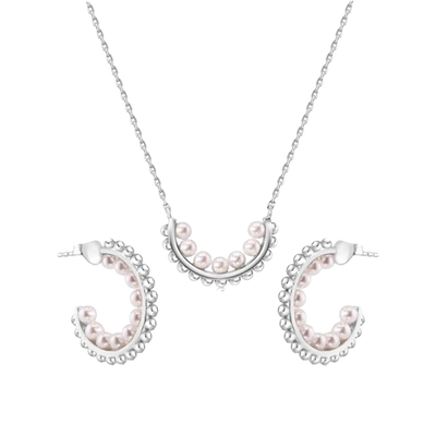 Sterling Silver Rhodium Plated Multi Beaded Pearl Semi Hoop Matching Set