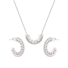 Sterling Silver Rhodium Plated Multi Beaded Pearl Semi Hoop Matching Set