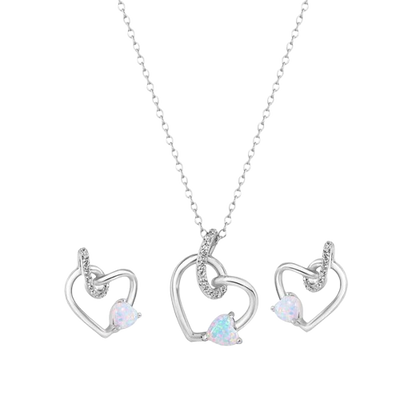 Sterling Silver Rhodium Plated Intertwined Hearts Synthetic Opal and Clear CZ Earring and Pendant Set
