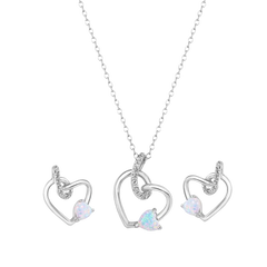 Sterling Silver Rhodium Plated Intertwined Hearts Synthetic Opal and Clear CZ Earring and Pendant Set