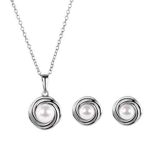 Sterling Silver Rhodium Plated Round Swirl Design Synthetic Mother Of Pearl Earring And Necklace Set