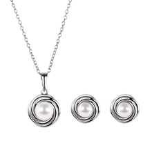 Load image into Gallery viewer, Sterling Silver Rhodium Plated Round Swirl Design Synthetic Mother Of Pearl Earring And Necklace Set