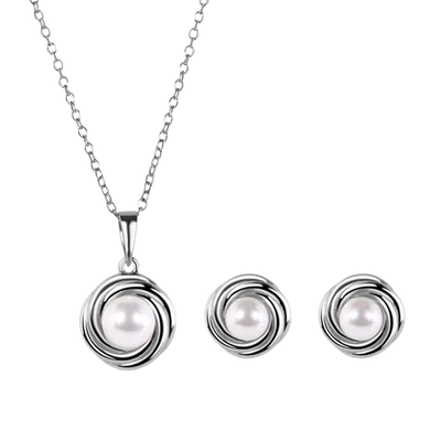 Sterling Silver Rhodium Plated Round Swirl Design Synthetic Mother Of Pearl Earring And Necklace Set