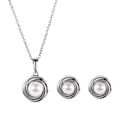 Sterling Silver Rhodium Plated Round Swirl Design Synthetic Mother Of Pearl Earring And Necklace Set