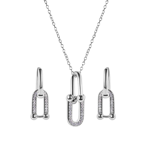 Sterling Silver Rhodium Plated Round Bow Paperclip Clear CZ Necklace And Hoop Earring Matching Set