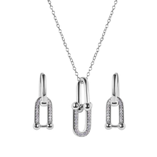 Load image into Gallery viewer, Sterling Silver Rhodium Plated Round Bow Paperclip Clear CZ Necklace And Hoop Earring Matching Set