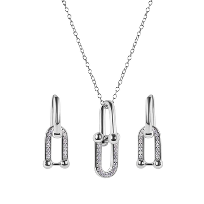 Sterling Silver Rhodium Plated Round Bow Paperclip Clear CZ Necklace And Hoop Earring Matching Set