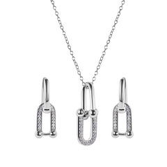 Sterling Silver Rhodium Plated Round Bow Paperclip Clear CZ Necklace And Hoop Earring Matching Set