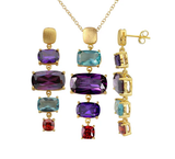 Sterling Silver Gold Plated Dangling Multi Color Baguette Cut CZ Necklace And Stud Earring