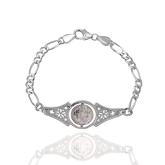 Sterling Silver Saint Benedict Rotating Medal Intricately Detailed Figaro Bracelet
