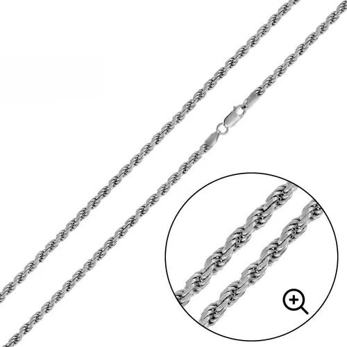 Sterling Silver Solid 060-3.0MM Rhodium Plated Rope Chain