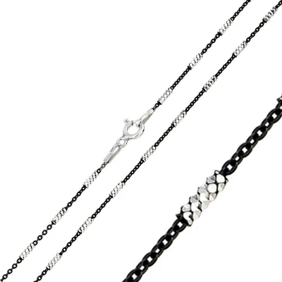Italian Sterling Silver Black Rhodium Plated Diamond Cut Black and White Tube Brite Chain 030 1.4mm with Spring Clasp Closure