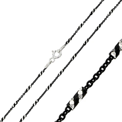 Italian Sterling Silver Black Rhodium Plated Diamond Cut Black and White Tube Spiral Chain 030 1.4mm with Spring Clasp Closure