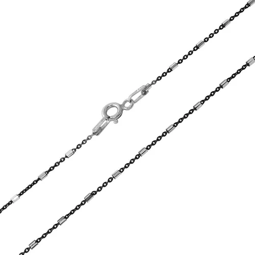 Italian Sterling Silver Black Rhodium Plated Diamond Cut Black and White Tube 2 Link 1.4mm Chain with Spring Clasp Closure