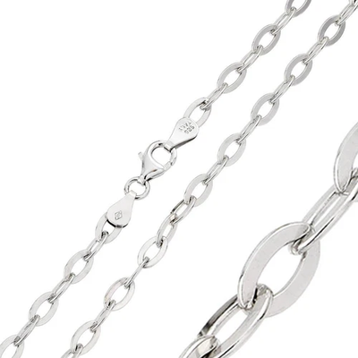 Sterling Silver Rhodium Plated Oval Flat Link 4.7mm-100 Chain with Spring Clasp Closure