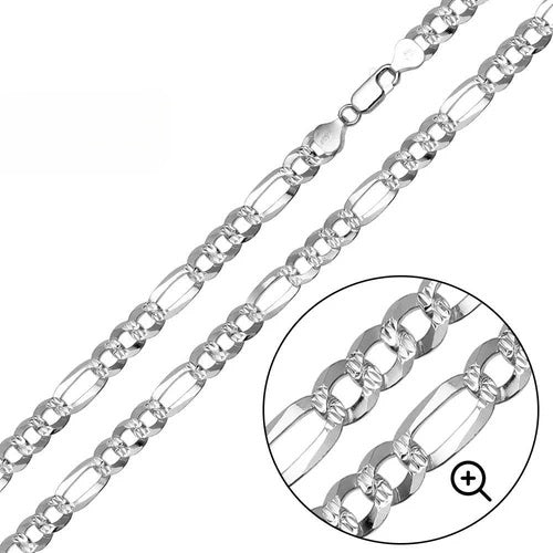Sterling Silver Diamond Cut Super Flat Figaro 8.9mm Chain with Lobster Clasp Closure