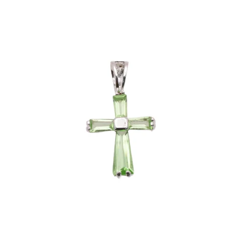 Sterling Silver Rhodium Plated August Birthstone Peridot CZ Cross Charm