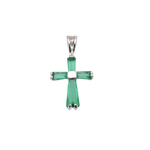 Load image into Gallery viewer, Sterling Silver Rhodium Plated May Birthstone Emerald CZ Cross Charm